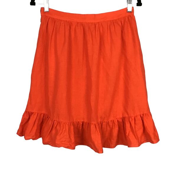 J. Crew 100% Linen Ruffle Hem Faux Wrap Mini Skirt Citrus Poppy Orange sz 4 - Picture 10 of 10
